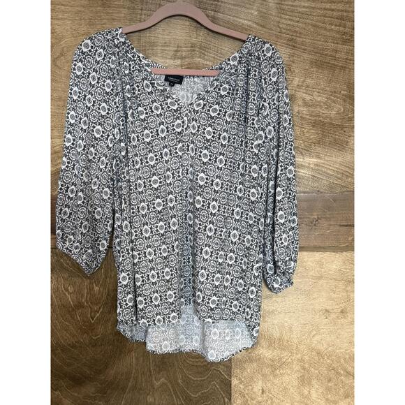 Jones And Co Black White Floral Pattern Long Sleeves Scoop Neck Flowy Blouse 2X - Picture 1 of 7